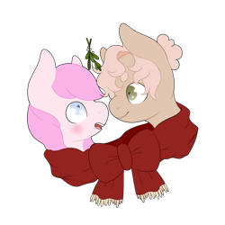 Size: 4000x4000 | Tagged: artist needed, safe, oc, oc only, oc:kayla, oc:mary jane, species:earth pony, species:pegasus, species:pony, blushing, boop, clothing, duo, female, hair bun, lesbian, love, mare, mistletoe, noseboop, oc x oc, scarf, shared clothing, shared scarf, shipping, simple background, transparent background
