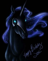 Size: 576x720 | Tagged: artist needed, safe, character:nightmare moon, character:princess luna, species:alicorn, species:pony, black background, bust, ethereal mane, female, galaxy mane, glowing eyes, happy birthday, helmet, hoers, mare, simple background, solo, text