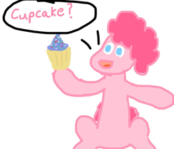 Size: 768x659 | Tagged: artist needed, safe, character:pinkie pie, cupcake, food, images that precede unfortunate events, imminent abuse, shitposting, simple background, stylistic suck, this will end in pain, wat, white background
