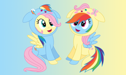 Size: 1162x695 | Tagged: artist needed, source needed, safe, character:fluttershy, character:rainbow dash, species:pegasus, species:pony, ship:flutterdash, abstract background, backwards cutie mark, clothing, costume, duo, female, kigurumi, lesbian, mare, pony costume, shipping