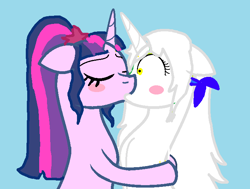 Size: 708x536 | Tagged: artist needed, safe, character:twilight sparkle, character:twilight sparkle (scitwi), species:pony, species:unicorn, blue background, crossover, crossover shipping, female, fire emblem, kissing, lesbian, micaiah, micaiahtwi, ponified, shipping, simple background, species swap