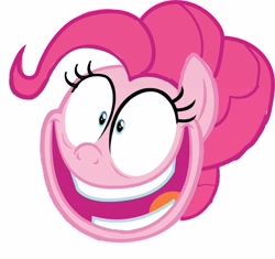 Size: 3454x3249 | Tagged: artist needed, safe, character:pinkie pie, species:earth pony, species:pony, episode:a trivial pursuit, g4, my little pony: friendship is magic, bags under eyes, crazy face, excited, faec, female, head, insanity, mare, shrunken pupils, simple background, smiling, solo, white background, wide eyes