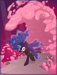 Size: 750x1000 | Tagged: artist needed, safe, character:princess luna, character:smooze, oc, species:alicorn, species:pony, species:unicorn, female, glasses, male, mare, ponies riding ponies, running, stallion