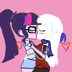Size: 768x768 | Tagged: artist needed, safe, character:twilight sparkle, character:twilight sparkle (scitwi), species:eqg human, species:human, my little pony:equestria girls, blushing, crossover, crossover shipping, female, fire emblem, heart, humanized, kissing, lesbian, micaiah, micaiahtwi, pink background, shipping, simple background