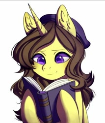 Size: 868x1012 | Tagged: artist needed, safe, oc, oc:astral flare, species:pony, species:unicorn, beanie, book, clothing, cute, hat, reading, smiling