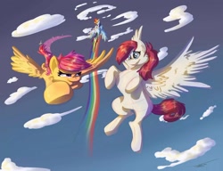 Size: 1200x923 | Tagged: safe, artist:pimander1446, character:rainbow dash, character:scootaloo, oc, oc:yuukon, species:pegasus, species:pony, cloud, flying, not fausticorn, scootaloo can fly, sky