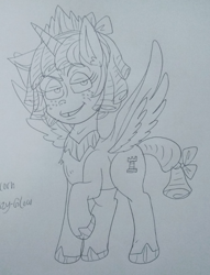 Size: 720x940 | Tagged: artist needed, safe, character:cozy glow, species:alicorn, species:pony, episode:the ending of the end, g4, my little pony: friendship is magic, alicornified, cozycorn, female, filly, monochrome, photo, race swap, smug, solo, traditional art