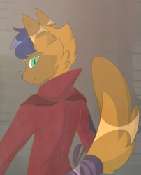 Size: 647x800 | Tagged: artist needed, safe, character:capper dapperpaws, species:abyssinian, species:anthro, clothing, gradient background, looking back, male, solo