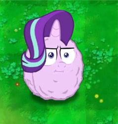Size: 1202x1262 | Tagged: artist needed, safe, character:starlight glimmer, species:pony, species:unicorn, :i, big eyes, cute, female, frown, grass, grass field, green background, horn, i mean i see, no tail, original species, plant, plant pony, plants vs zombies, simple background, solo, species swap, thinking, wall-nut, wat, wavy hair, wavy mane, wide eyes
