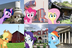 Size: 1080x720 | Tagged: artist needed, source needed, safe, edit, character:applejack, character:fluttershy, character:pinkie pie, character:rainbow dash, character:rarity, character:twilight sparkle, 1000 hours in gimp, architecture, barn, bauhaus, constructivism, greece, mane six, mcmansion, photo, photo edit