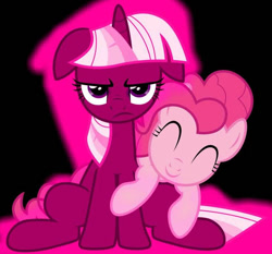 Size: 732x681 | Tagged: artist needed, safe, character:pinkie pie, character:twilight sparkle, character:twilight sparkle (unicorn), species:earth pony, species:pony, species:unicorn, eyes closed, pink twilight sparkle, recolor, smiling, twilight is not amused, unamused