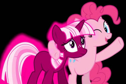 Size: 732x493 | Tagged: artist needed, safe, character:pinkie pie, character:twilight sparkle, character:twilight sparkle (unicorn), species:earth pony, species:pony, species:unicorn, duo, female, freckles, mare, missing cutie mark, one eye closed, pink twilight sparkle, recolor, smiling, wink, worried