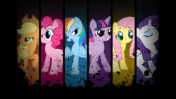 Size: 1920x1080 | Tagged: artist needed, source needed, safe, artist:the smiling pony, edit, character:applejack, character:fluttershy, character:pinkie pie, character:rainbow dash, character:rarity, character:twilight sparkle, character:twilight sparkle (unicorn), species:earth pony, species:pegasus, species:pony, species:unicorn, applejack's hat, black background, clothing, cowboy hat, dark background, eyes closed, eyeshadow, female, freckles, grin, hairband, hat, horn, lidded eyes, looking at you, looking back, makeup, mane, mane six, mare, one hoof raised, open mouth, ponytail, raised eyebrow, raised hoof, simple background, smiling, standing, vector, wallpaper, wallpaper edit, watermark, windswept mane, wings