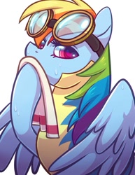 Size: 577x749 | Tagged: artist needed, safe, character:rainbow dash, species:pegasus, species:pony, clothing, colored pupils, female, goggles, hoof hold, mare, simple background, solo, sweat, towel, uniform, white background, wonderbolt trainee uniform