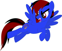 Size: 1600x1312 | Tagged: artist needed, safe, oc, oc only, oc:harthbinger, species:pegasus, species:pony, black, blood, blue, blue fur, blue wings, cutie mark, evil, evil grin, fangs, female, fire, flying, grin, mane, mare, oc villain, pegasus oc, red, red eyes, simple background, smiling, solo, tail, transparent background, wings