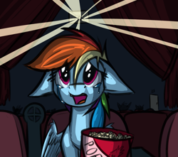 Size: 1131x1000 | Tagged: artist needed, safe, character:rainbow dash, species:pegasus, species:pony, cinema, crying, female, floppy ears, food, movie theatre, open mouth, popcorn, solo, teary eyes