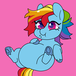 Size: 2000x2000 | Tagged: artist needed, source needed, safe, character:rainbow dash, species:pegasus, species:pony, g4.5, my little pony:pony life, belly, big belly, crumbs, fat, female, hoof on belly, mare, on back, rainblob dash, smiling, solo, spread legs, spreading, underhoof, unshorn fetlocks