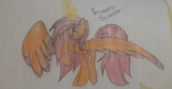 Size: 1360x709 | Tagged: artist needed, source needed, safe, character:scootaloo, species:alicorn, species:pegasus, species:pony, alicornified, big wings, happy, older, older scootaloo, one hoof raised, pencil drawing, photo, race swap, scootacorn, traditional art, wings