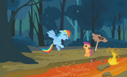 Size: 1146x697 | Tagged: artist needed, safe, character:rainbow dash, character:scootaloo, species:pegasus, species:pony, bully, bullying, eyes closed, female, filly, fire, laughing, lava, lava river, mare, op is a duck, out of character, rainbow douche, scooter, why