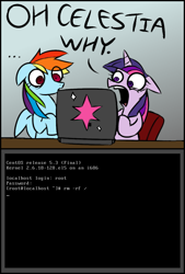 Size: 578x856 | Tagged: artist needed, safe, character:rainbow dash, character:twilight sparkle, centos, computer, english, laptop computer, linux, meme, this will end in tears