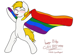 Size: 4000x3000 | Tagged: artist needed, safe, oc, oc only, oc:golden bar, species:pegasus, species:pony, bipedal, birthday gift, blonde mane, blonde tail, blushing, eyes closed, gay pride, gay pride flag, happy, hidden wings, lgbt, male, open mouth, pride, pride flag, signature, simple background, smiling, solo, stallion, standing, transparent background, white fur