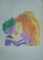 Size: 1754x2421 | Tagged: artist needed, safe, character:adagio dazzle, character:spike, my little pony:equestria girls, adagiospike, hug, human spike, kissing, traditional art