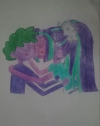 Size: 1967x2482 | Tagged: artist needed, safe, character:aria blaze, character:spike, my little pony:equestria girls, ariaspike, blushing, hug, human spike, kissing, traditional art