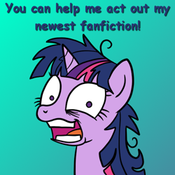 Size: 500x500 | Tagged: artist needed, safe, character:twilight sparkle, species:pony, dialogue, eye twitch, faec, female, gradient background, mare, messy mane, solo, twilight loves fanfiction, twilight snapple