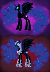 Size: 564x815 | Tagged: artist needed, safe, character:nightmare moon, character:princess luna, species:alicorn, species:pony, antagonist, armor, comparison, concept art, ethereal mane, female, galaxy mane, helmet, hoof shoes, journey of the spark, mare, missing accessory, no armor, peytral, red background, redesign, simple background, slit pupils, wings