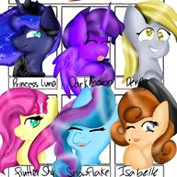 Size: 450x450 | Tagged: artist needed, safe, character:derpy hooves, character:fluttershy, character:princess luna, oc, oc:dark moon, oc:isabelle, oc:snowflake, species:alicorn, species:earth pony, species:pegasus, species:pony, alicorn oc, blep, bust, clothing, earth pony oc, eyes closed, female, hat, horn, mare, one eye closed, six fanarts, smiling, tongue out, wings, wink