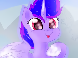 Size: 518x388 | Tagged: artist needed, safe, oc, oc only, species:alicorn, species:pony, alicorn oc, blep, ethereal mane, galaxy mane, horn, raised hoof, smiling, socks (coat marking), solo, tongue out, wings