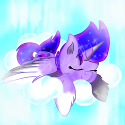 Size: 450x450 | Tagged: artist needed, safe, oc, oc only, species:alicorn, species:pony, alicorn oc, cloud, eyes closed, horn, on a cloud, sleeping, socks (coat marking), solo, two toned wings, wings