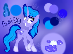 Size: 518x388 | Tagged: artist needed, safe, oc, oc only, oc:night sky, species:pony, species:unicorn, glowing horn, grin, horn, raised hoof, reference sheet, smiling, socks (coat marking), solo, unicorn oc
