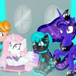 Size: 320x320 | Tagged: artist needed, safe, character:princess celestia, character:princess luna, oc, species:alicorn, species:earth pony, species:pony, :o, earth pony oc, ethereal mane, female, galaxy mane, hoof shoes, jewelry, mare, open mouth, peytral, pink-mane celestia, raised hoof, sitting, smilinf, smiling, surprised, tiara, wide eyes