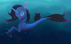 Size: 850x522 | Tagged: artist needed, safe, community related, character:oleander, species:pony, species:seapony (g4), species:unicorn, them's fightin' herds, blue eyeshadow, bubble, female, fish tail, horn, looking down, ocean, seaponified, smiling, solo, species swap, swimming, underwater, water