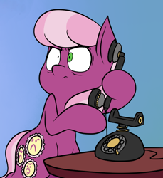 Size: 566x617 | Tagged: safe, artist:anontheanon, character:cheerilee, species:earth pony, species:pony, angry, bipedal, blue background, cropped, female, hoof hold, mare, phone, rotary phone, semi-anthro, simple background, solo, telephone