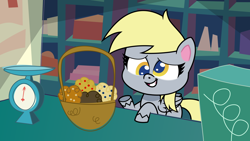 Size: 1920x1080 | Tagged: artist needed, source needed, safe, derpibooru original, character:derpy hooves, species:pegasus, species:pony, episode:slice of life, g4, g4.5, my little pony: friendship is magic, my little pony:pony life, basket, food, g4 to g4.5, generation leap, hilarious in hindsight, muffin, pony life accurate, scene interpretation, show accurate, solo, trace, vector