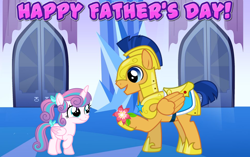 Size: 2064x1296 | Tagged: artist needed, safe, character:flash sentry, character:princess flurry heart, species:alicorn, species:pegasus, species:pony, armor, crystal empire, cute, dawwww, father's day, flower, friendship, hallway, heartwarming, honorary uncle, older, older flurry heart, present, royal guard armor, uncle flash