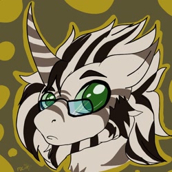 Size: 1280x1280 | Tagged: artist needed, safe, oc, oc:mkali, species:pony, species:zebra, abstract background, bust, curved horn, frown, glasses, horn, male, signature, solo, stallion, zebracorn