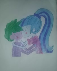 Size: 1996x2471 | Tagged: artist needed, safe, character:sonata dusk, character:spike, my little pony:equestria girls, blushing, female, hug, human spike, kissing, male, shipping, spikelove, spinata, straight, traditional art