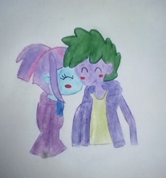Size: 1577x1693 | Tagged: artist needed, safe, character:spike, character:sunny flare, my little pony:equestria girls, blushing, human spike, kiss on the cheek, kissing, shipping, spikeflare, spikelove, traditional art