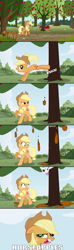 Size: 640x2175 | Tagged: artist needed, safe, character:applejack, character:sweetie belle, species:earth pony, species:pony, applebucking, comic, female, implied pooping, mare, poop, pun, scrunchy face, show accurate, sweetiepoo