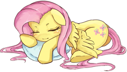 Size: 603x345 | Tagged: artist needed, safe, character:fluttershy, species:pegasus, species:pony, blushing, cute, eyes closed, female, floppy ears, mare, pillow, shyabetes, simple background, sleeping, solo, white background, wings