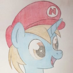 Size: 512x512 | Tagged: artist needed, safe, oc, oc only, species:pony, species:unicorn, bust, cap, clothing, hat, horn, mario's hat, open mouth, smiling, solo, traditional art, unicorn oc