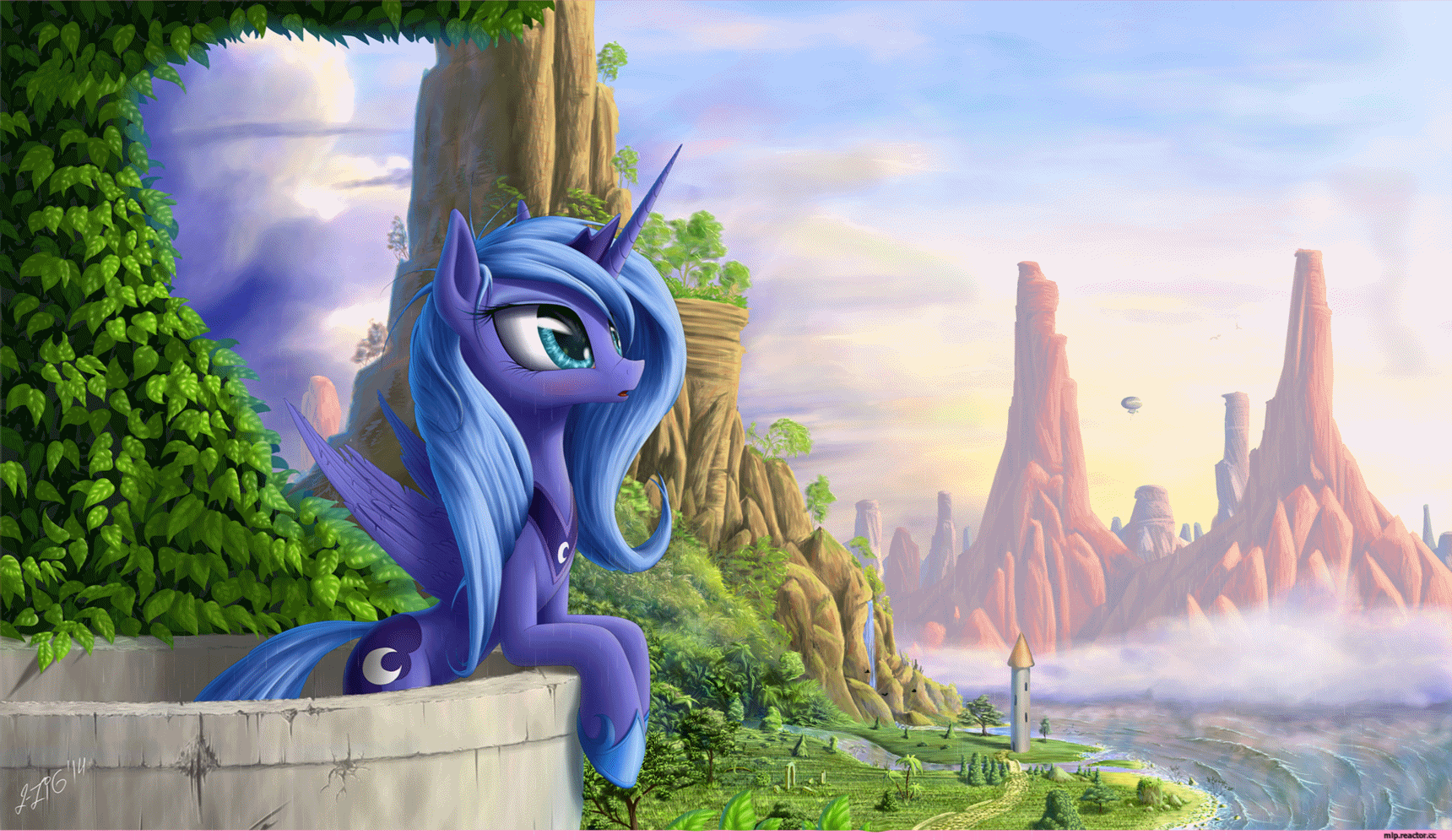 Size: 1720x995 | Tagged: artist needed, source needed, safe, artist:zigword, edit, character:princess luna, species:alicorn, species:bird, species:pony, :o, absurd file size, airship, animated, balcony, beautiful, blushing, bridge, circling, cute, editor needed, female, gif, grass, leaning, looking up, lunabetes, mare, mountain, ocean, open mouth, rain, river, road, s1 luna, scenery, scenery porn, shore, sky, sweet dreams fuel, tower, tree, unknown editor, vine, water, waterfall, wave, wind
