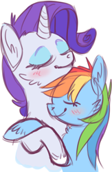 Size: 512x786 | Tagged: artist needed, safe, character:rainbow dash, character:rarity, species:pony, ship:raridash, blushing, cuddling, eyes closed, female, hug, lesbian, shipping, simple background, white background