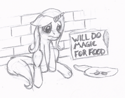 Size: 933x726 | Tagged: artist needed, safe, character:trixie, species:pony, species:unicorn, begging, bits, female, hobo, homeless, mare, monochrome, poor, poverty, sad, solo, will x for y
