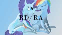 Size: 1280x720 | Tagged: artist needed, safe, character:rainbow dash, character:rarity, species:pegasus, species:pony, species:unicorn, ship:raridash, boop, cover art, eyes closed, female, lesbian, looking at each other, mare, noseboop, sgap, shipping, sitting, slash, smiling, sogreatandpowerful