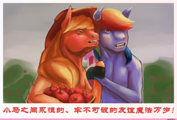 Size: 1600x1089 | Tagged: artist needed, source needed, useless source url, safe, character:applejack, character:rainbow dash, species:earth pony, species:pony, apple, chinese, clothing, cowboy hat, duo, food, hat, parody, propaganda, propaganda parody, propaganda poster