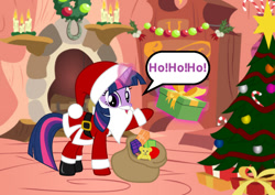 Size: 1024x723 | Tagged: artist needed, safe, character:twilight sparkle, character:twilight sparkle (unicorn), species:pony, species:unicorn, belt, boots, candle, christmas, christmas tree, clothing, costume, fake beard, female, fireplace, gloves, glowing horn, golden oaks library, hat, ho ho ho, holiday, horn, looking at you, magic, mare, present, raised hoof, sack, santa beard, santa claus, santa costume, santa hat, shoes, solo, tree, wreath